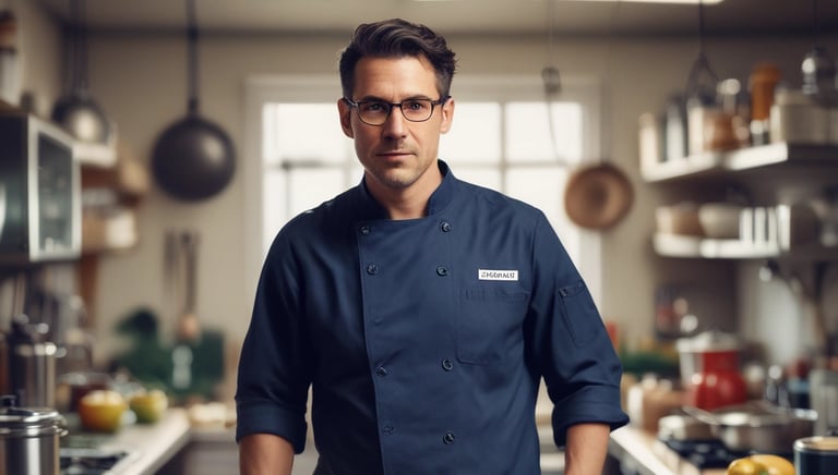 um chef de cozinha com dolma em pé em uma cozinha