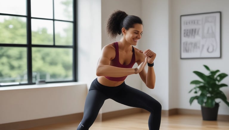 A modern gym space featuring a green track laid out on the floor with numbered lanes. TRX suspension trainers hang prominently in the foreground. The gym is equipped with various exercise equipment, including kettlebells and punching bags. In the background, there is a FIT sign near a reception desk under a low-ceilinged industrial design.