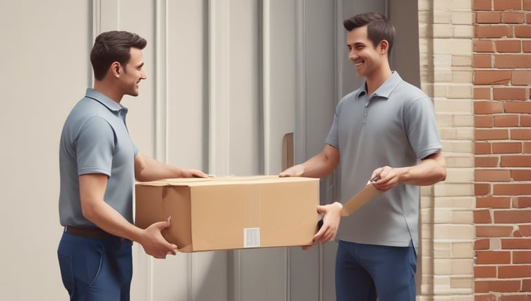 A delivery person handing over a rolled-up banner package at a customer's door.
