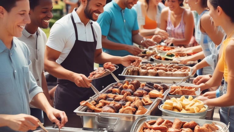 Decorated catering station with smoked brown wood surfaces, black iron accents, and glowing red lanterns.