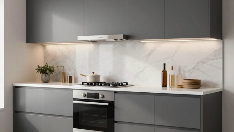 Modern kitchen installation with sleek cabinetry and ambient lighting in a cozy home setting.