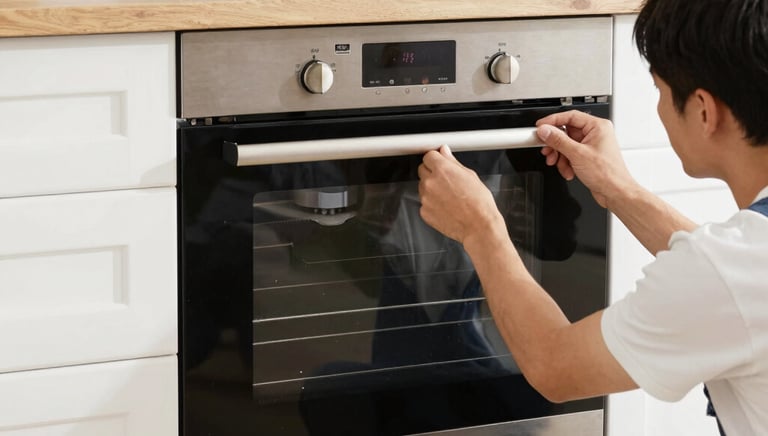 Close-up of a technician connecting kitchen appliances with precision and care.