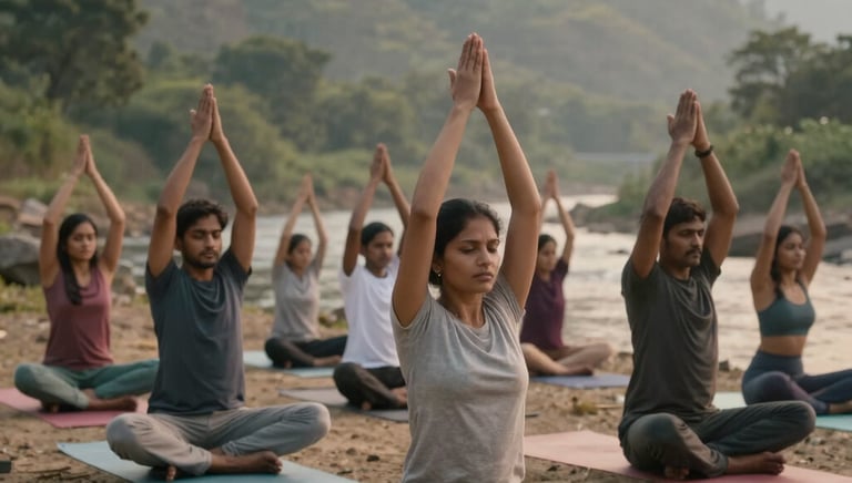 Adults engaged in a serene sound bath session surrounded by natural elements.