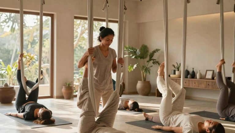 Children and youth practicing yoga and classical dance in a bright, welcoming studio.
