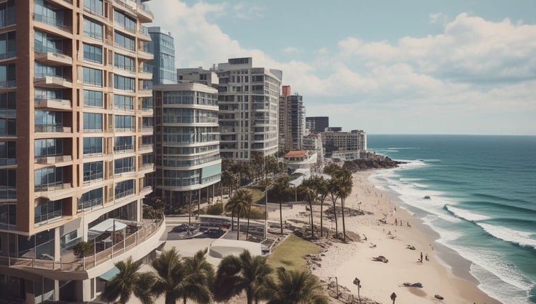Real estate agent discussing apartment options with clients against a backdrop of Lima's coastal skyline.