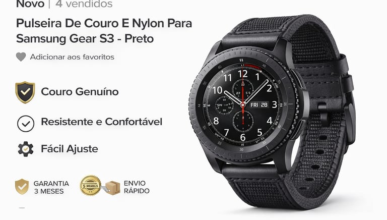 Black leather and nylon watch strap for Samsung Gear S3 smartwatch on a dark watch face.