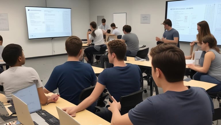 A focused group of employees participating in an interactive AI training session with a certified instructor.