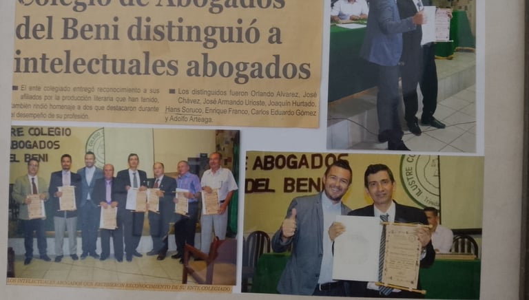 A newspaper clipping showing the Colegio de Abogados del Beni. Dr. Hans Soruco
