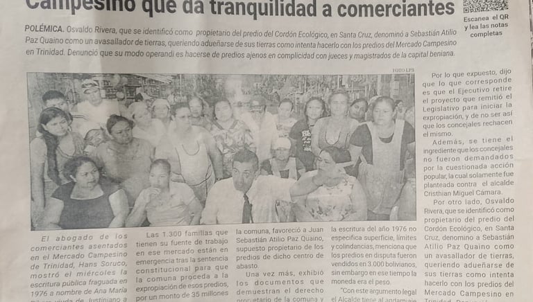 newspaper article from La Palabra del Beni reporting on a legal dispute involving Mercado Campesino.