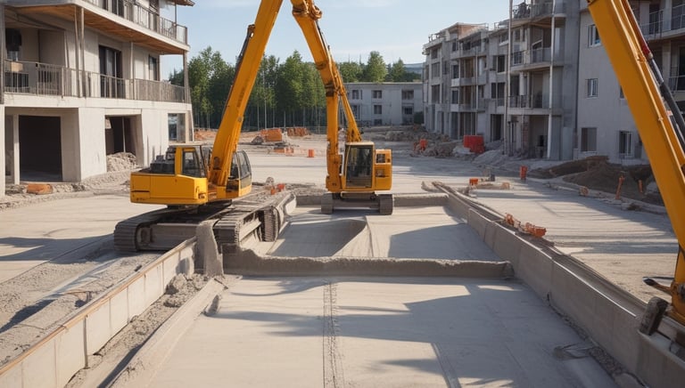 Large construction site with workers pouring ready-mix concrete using heavy machinery.