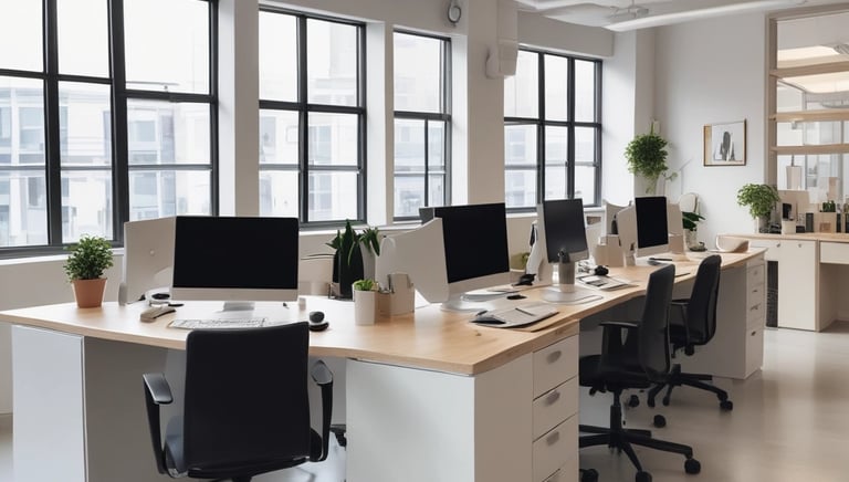 Team members cleaning a sleek, well-lit office space with gold and beige accents.