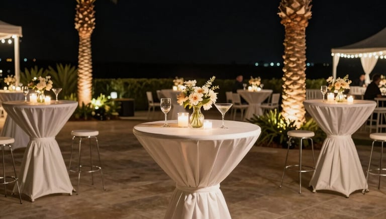 Cocktail tables and gold Chiavari chairs set up with birthday decorations in the background