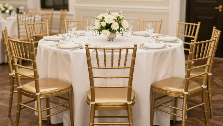 Gold Chiavari chairs arranged around a 6-foot rectangular table at a lively birthday party