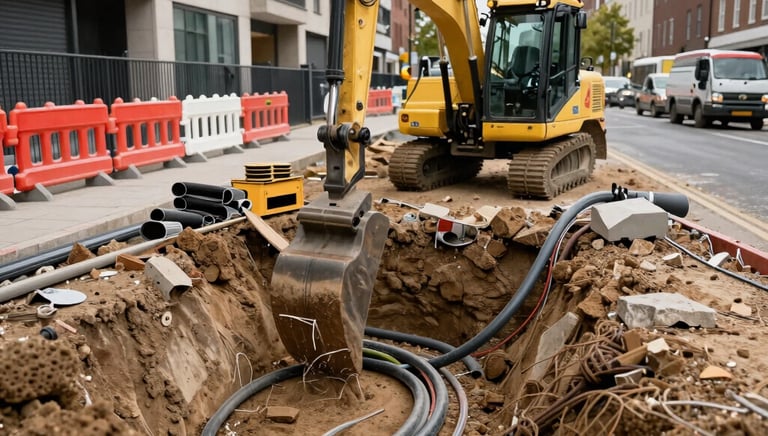Technicians working on underground utility cables in an urban Aberdeen street.