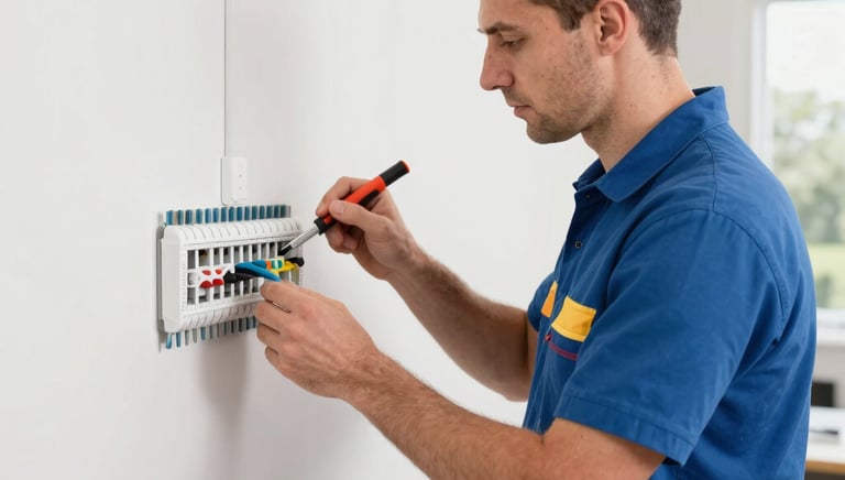 Electrician installing wiring inside a modern commercial building.