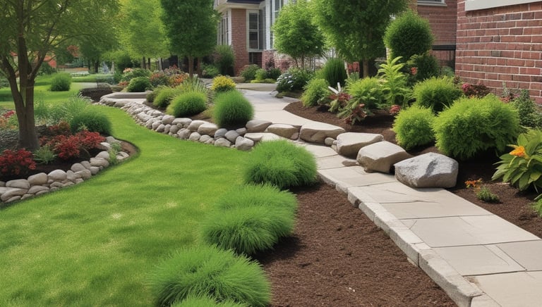 Technicians performing exterior maintenance on a commercial building surrounded by clean walkways and landscaped areas.