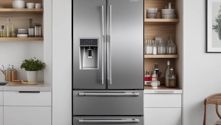 Technician repairing a modern refrigerator in a clean kitchen setting