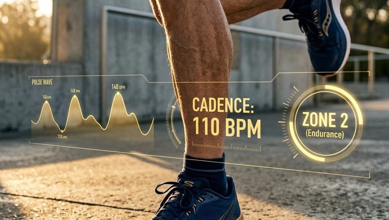 Legs of a runner with a Zone 2 (endurance) overlay graphic