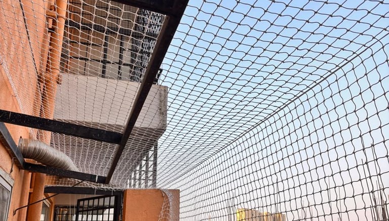Technician carefully installing a safety net on a residential balcony in Jalahalli.