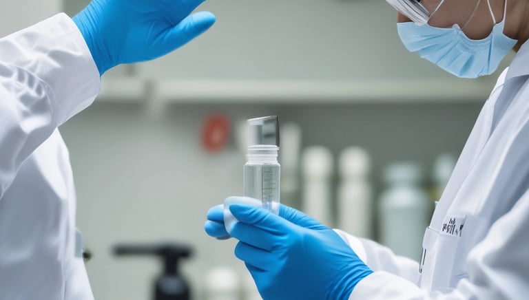 Close-up of a scientist carefully synthesizing peptides in a sterile lab environment.