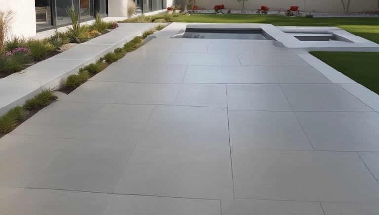 Smooth concrete driveway with decorative pavers in a residential setting.