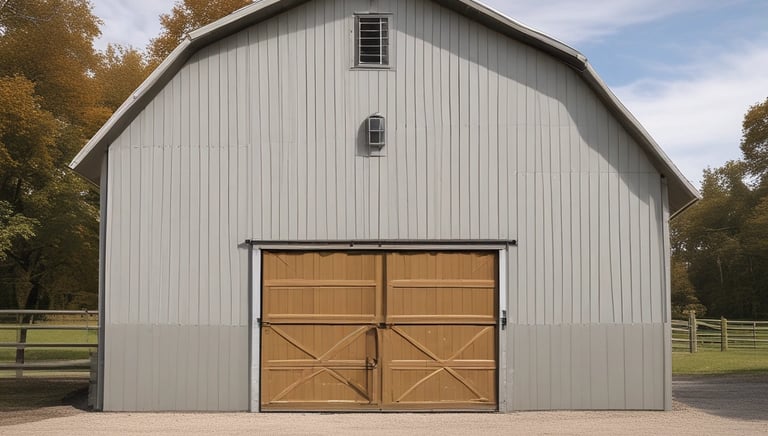 A freshly built wooden pole barn standing tall on a sunny day.