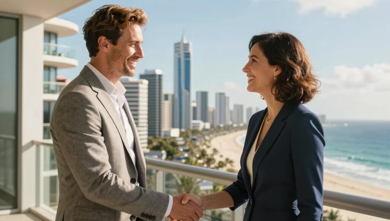 Two business professionals shaking hands in a discreet meeting room.