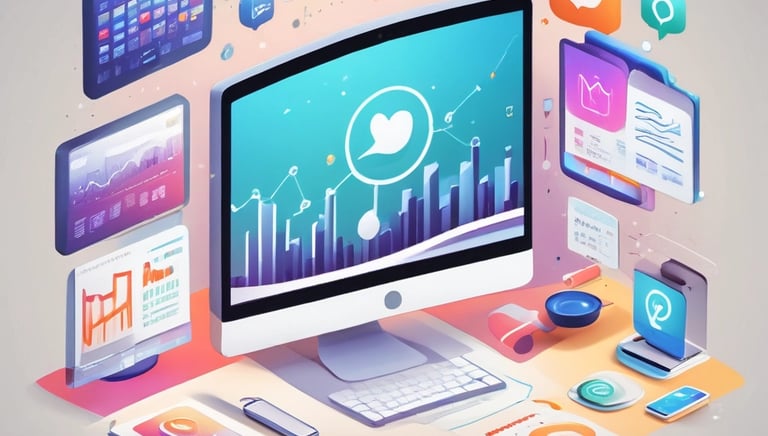 A vibrant workspace showing a team analyzing digital marketing data on multiple screens.