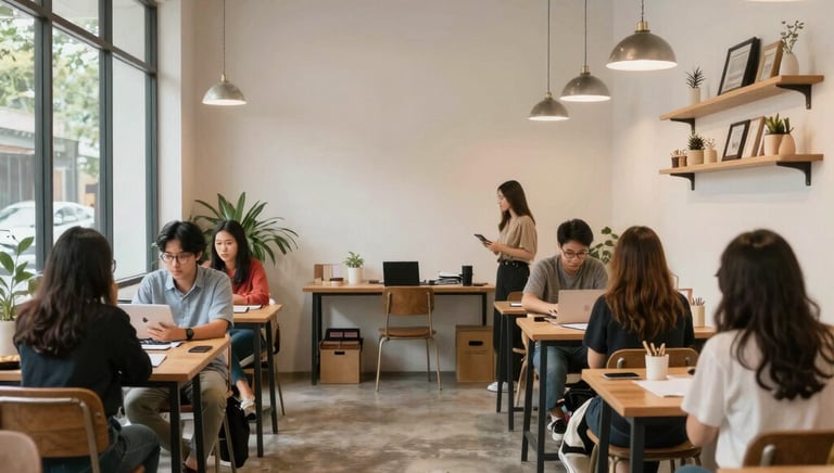 A group of diverse MSME owners and tech experts collaborating over laptops and documents in a modern workspace.