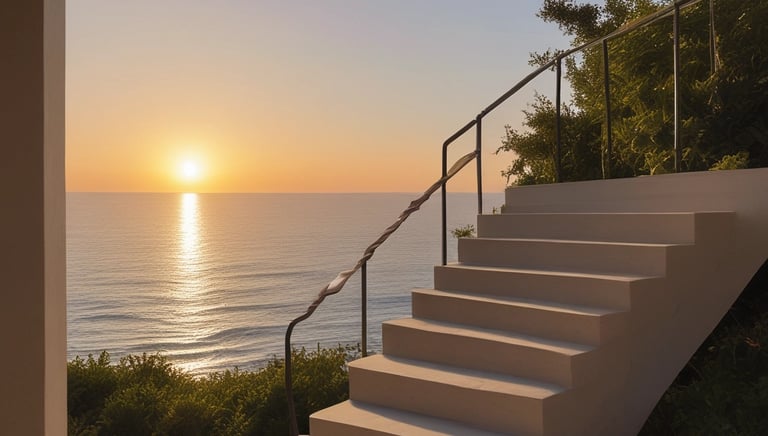 A welcoming luxury home entrance bathed in warm sunlight.