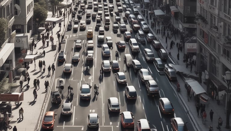 Close-up of colorful traffic signs along a busy urban street