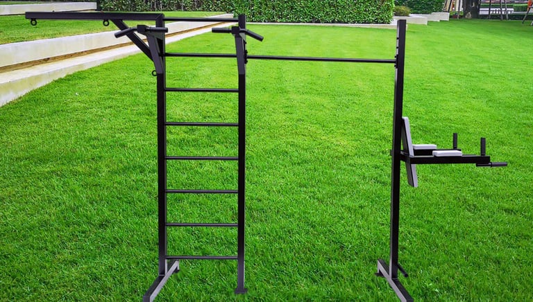 Outdoor pull-up bar station and calisthenics equipment on a lush green lawn for backyard bodyweight workouts.