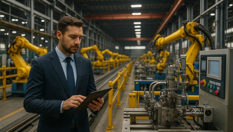 a man in a suit and tie is holding a tablet computer