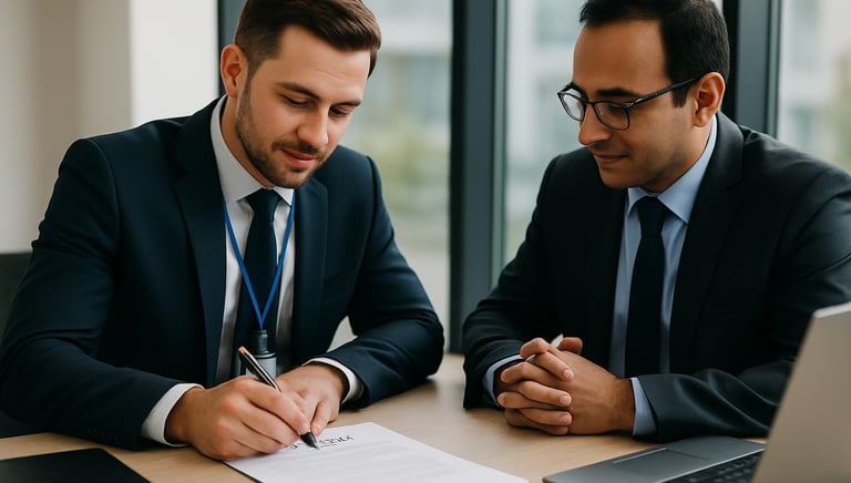 two men in suits and ties sitting at a table