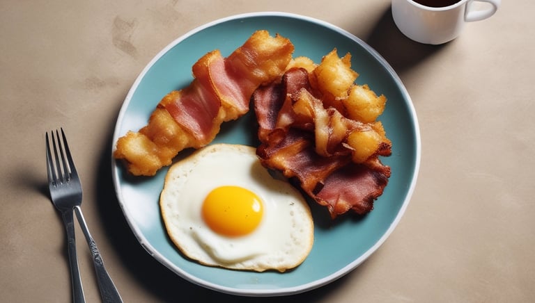 A steaming cup of coffee beside a plate of eggs and toast on a wooden table inside the old bank vault.