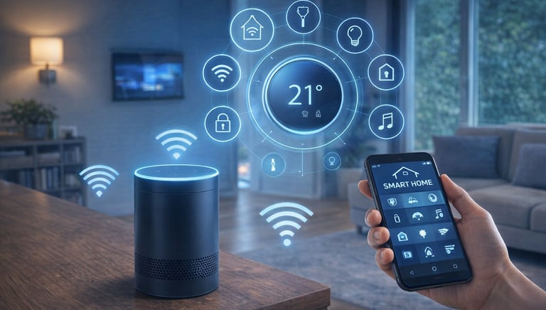 Smart home living room with smartphone control interface, smart speaker, and holographic automation icons showing 21° display