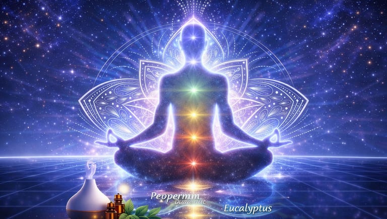 Glowing silhouette in lotus meditation pose with seven vibrant chakra orbs and intricate mandala on cosmic grid background