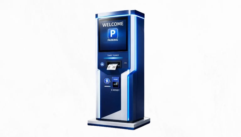 Promet Technology dispenser parking ticket kiosk with digital display and e-money payment terminal.