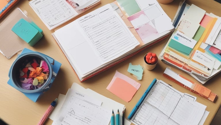 A clean workspace with a laptop displaying ESL lesson plans and colorful teaching resources.