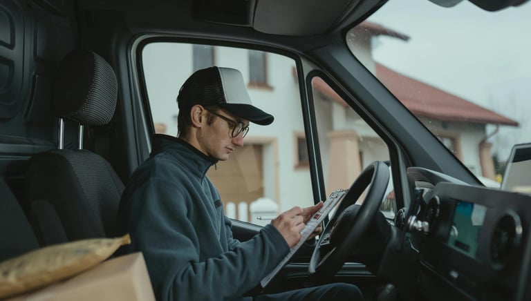 Delivery driver in a van checking a delivery clipboard with packages in the foreground.