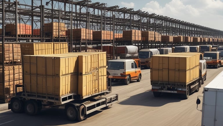 Delivery trucks being loaded with goods at a logistics center.