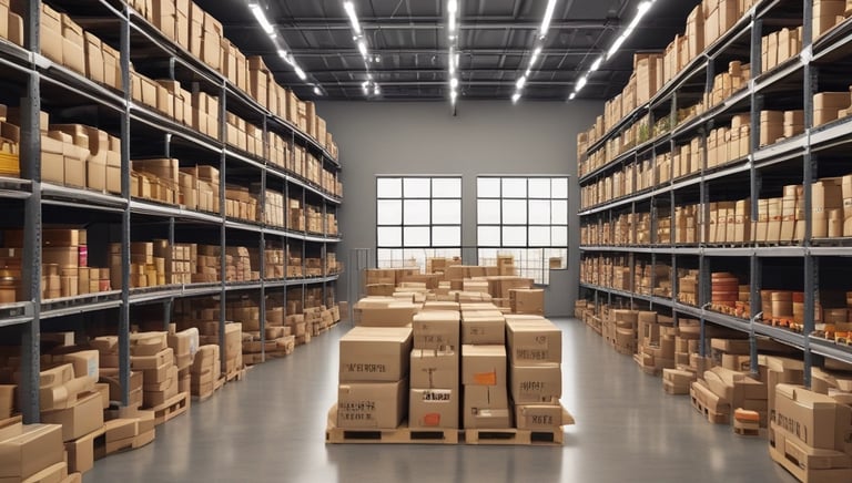 A warehouse worker organizing boxes of supplies on shelves.