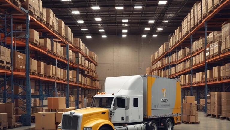 A warehouse worker organizing boxes of supplies on shelves.