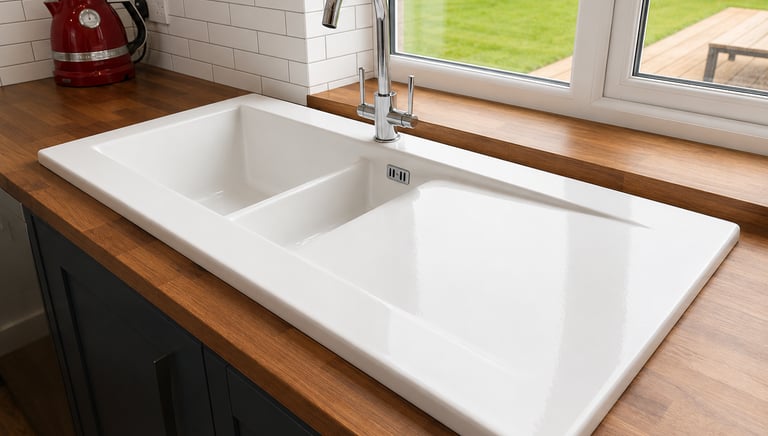 "White ceramic 1.5 bowl inset kitchen sink fitted with a chrome mixer tap in Kidlington, Oxford.