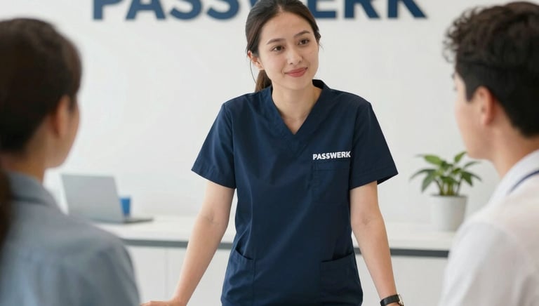 A caring nurse warmly greeting an elderly patient in a bright, welcoming care facility.