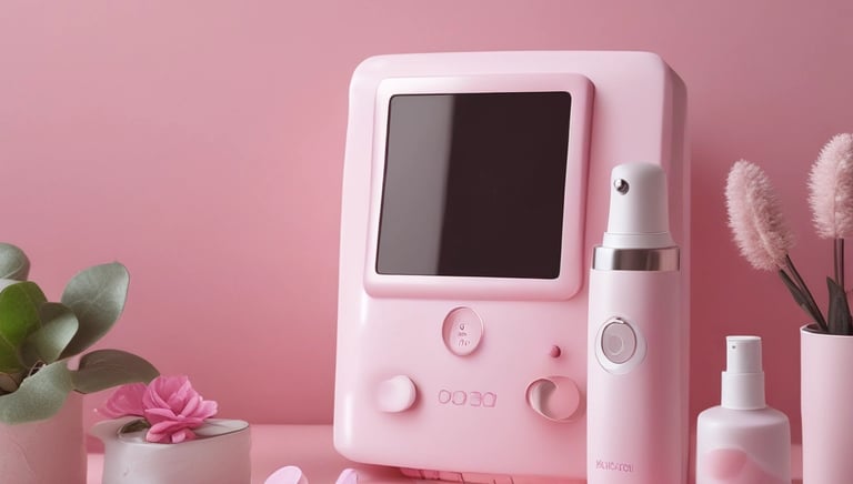 Pink aesthetic skin care device kit with facial steamer and serum bottles on a desk.