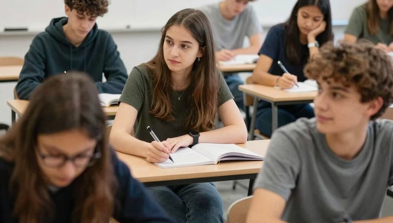 A lively group of four students practicing conversation in a bright, friendly room.