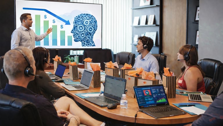 Call center team analyzing AI-driven cost reduction and performance metrics in a real-world business