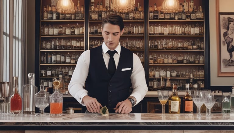 A lively event bar setup with colorful cocktails and a bartender shaking a drink.