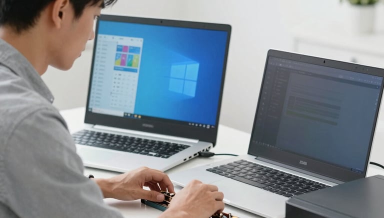 Technician repairing a laptop motherboard on a clean, organized workbench.